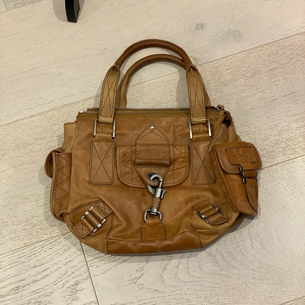 Camel Leather Shoulder Bag with Pockets